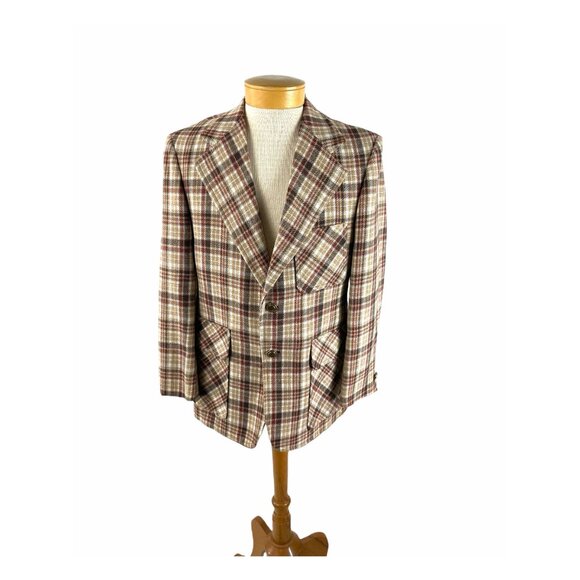 1970s plaid sports coat brown rust wool two button Size 40 - Picture 3 of 10